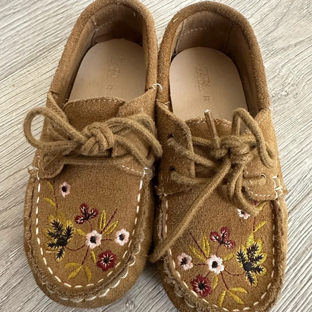Zara Tan Kids Moccasins with Floral Embroidery